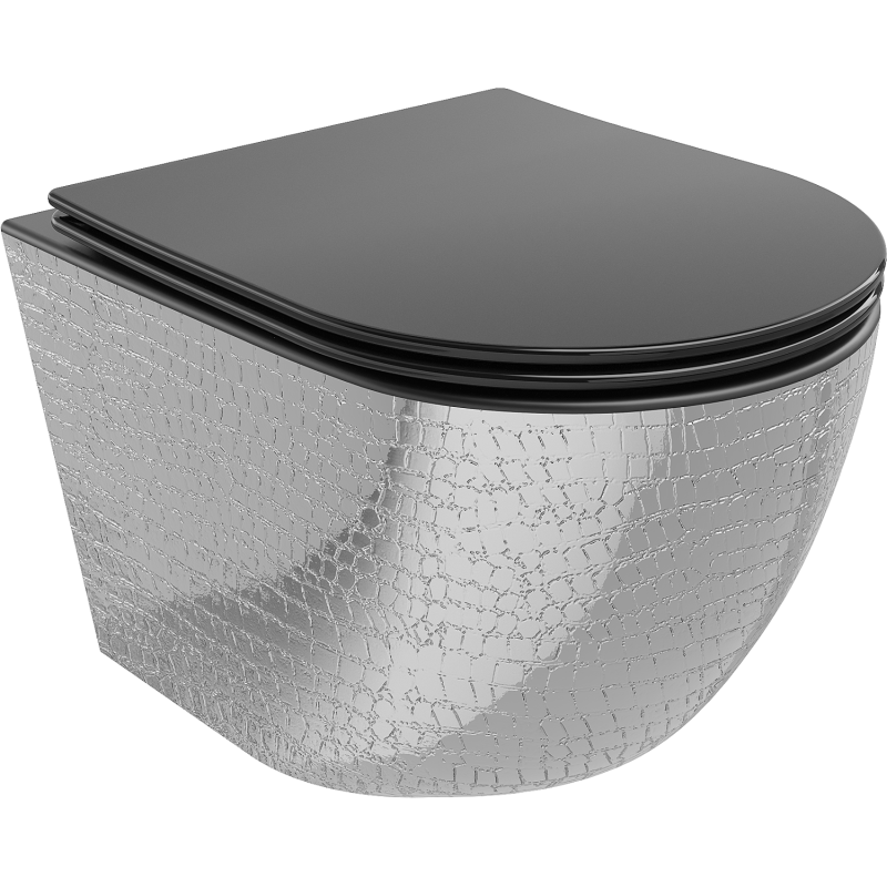 Mexen Lena Rimless WC klozetas su lėtai nusileidžiančiu siauru dangčiu, duroplastikas, juoda matinė/spalvota sidabrinė