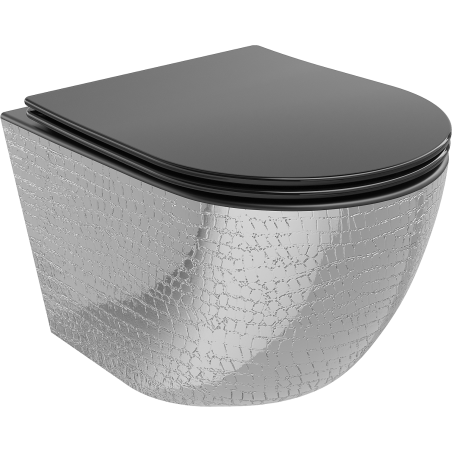 Mexen Lena Rimless WC klozetas su lėtai nusileidžiančiu siauru dangčiu, duroplastikas, juoda matinė/spalvota sidabrinė