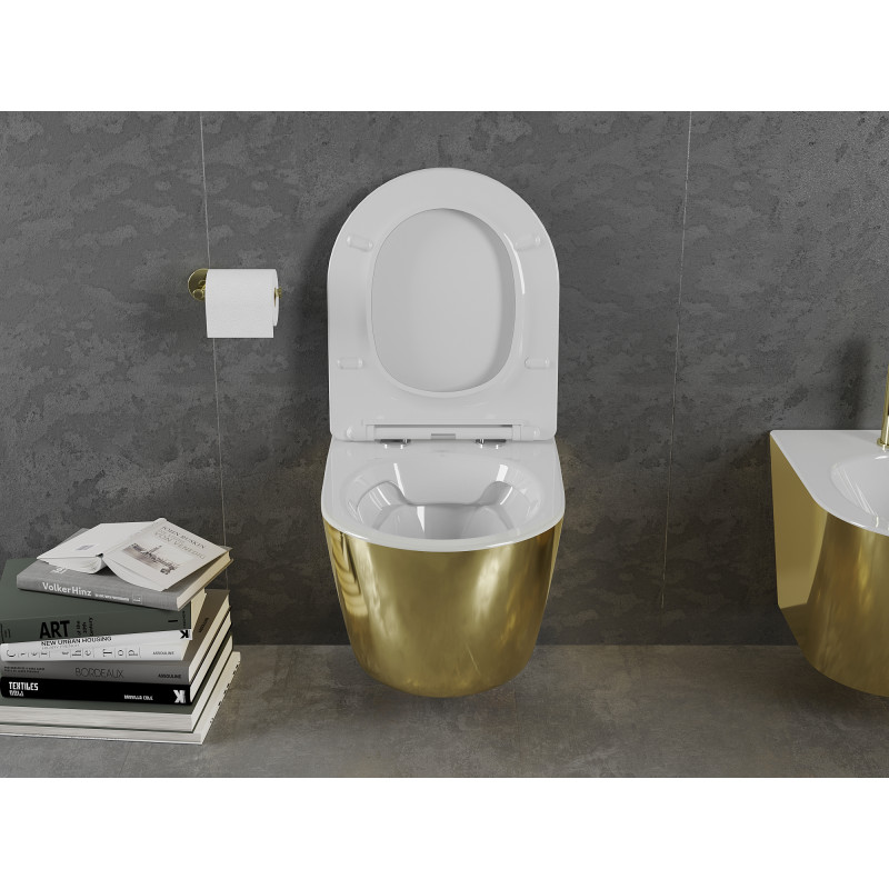 Mexen Lena wc dubuo be ratlankio su lėtai nusileidžiančiu plonu dangčiu, duroplastikas, balta/auksinė - 30224006
