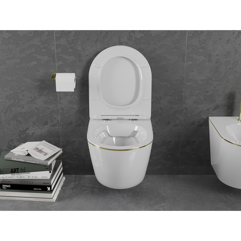Mexen Lena wc dubuo be Rėmelis su sėdyne su lėtai nusileidžiančiu dangčiu, plonas duroplast, baltas/auksinė linija