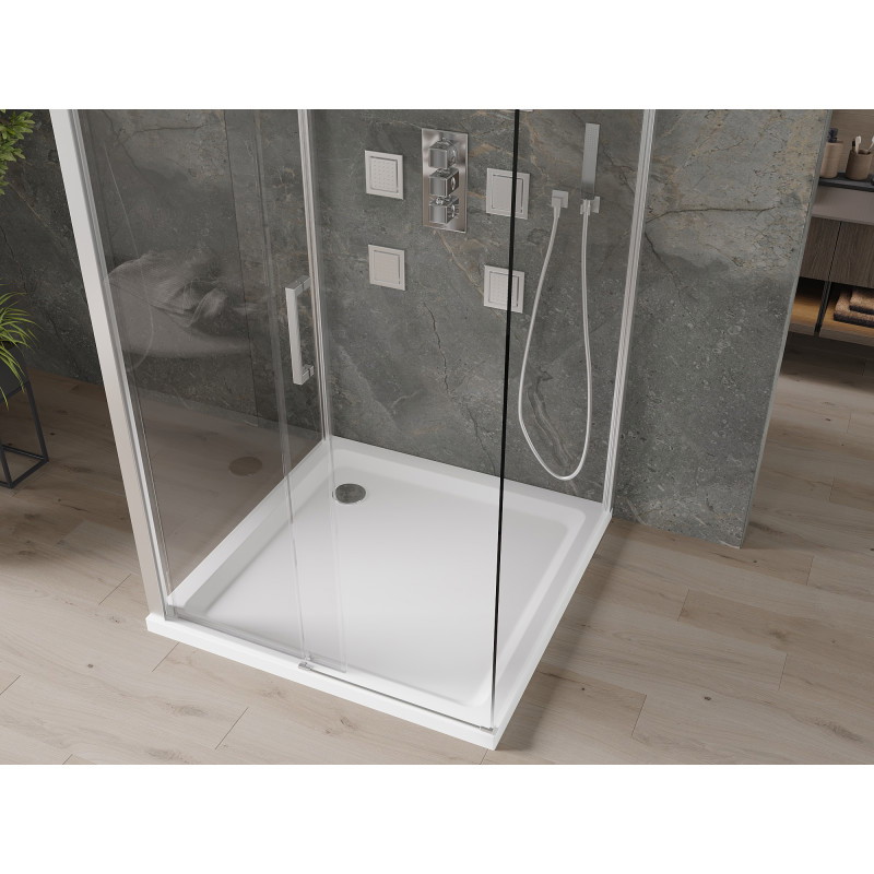 Mexen Omega-3S 3-sieninė slankiojančios dušo kabina 100x100 cm, permatoma, chromuota + Flat padėklas