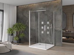 Mexen Omega-3S 3-sieninė slankiojančios dušo kabina 100x100 cm, permatoma, chromuota + Flat padėklas