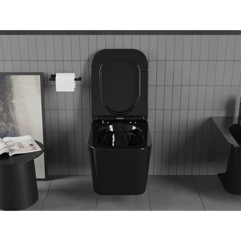 Mexen Teo tualeto dubuo Rimless su lėtai nusileidžiančiu plonu dangčiu, duroplastikas, blizgus juodas - 30854070