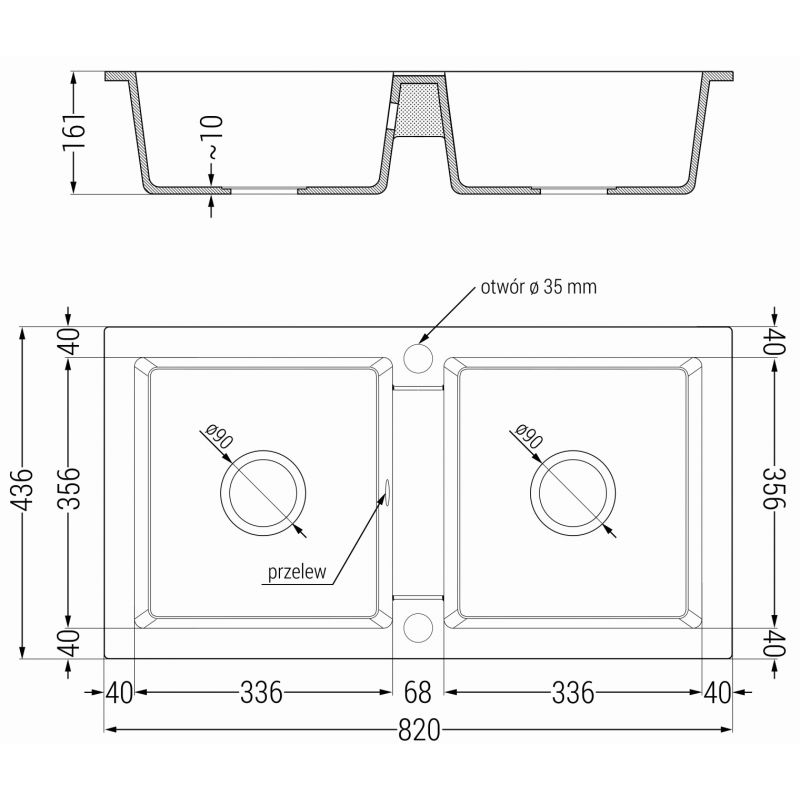Mexen Mario granito plautuvė su dviem kameromis 820 x 436 mm, pilka, auksinis sifonas - 6504822000-71-G
