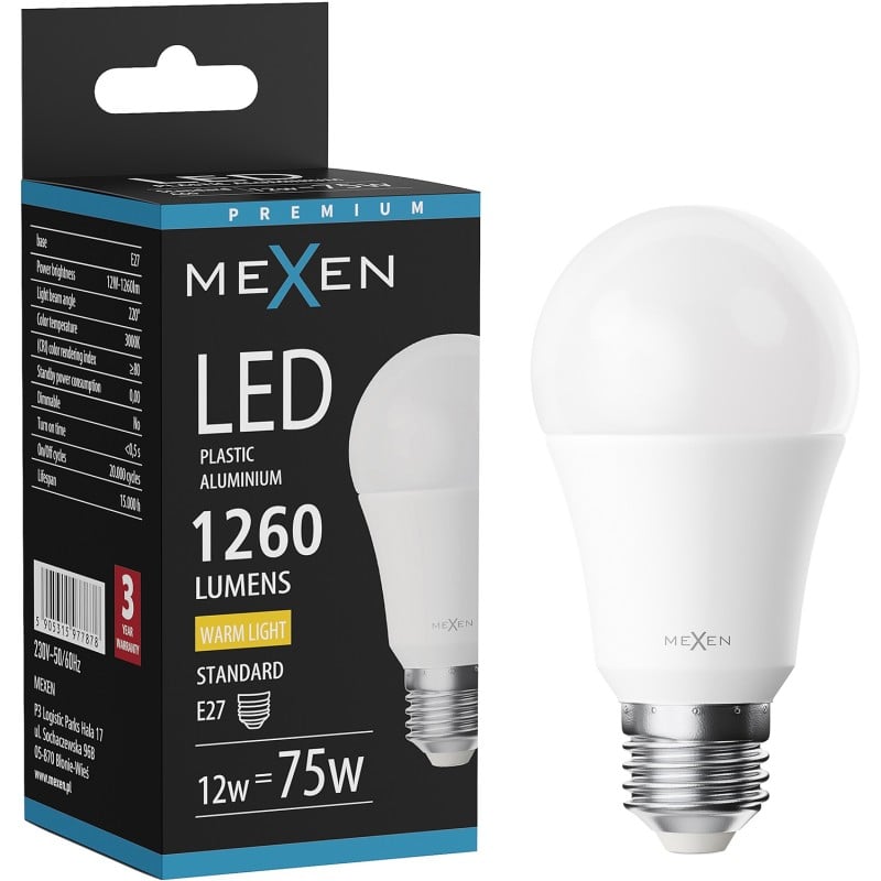 Mexen Nova LED lemputė E27, A60, 12W, Šilta - 3000K, 1260 lm - L100-E27-1230-01