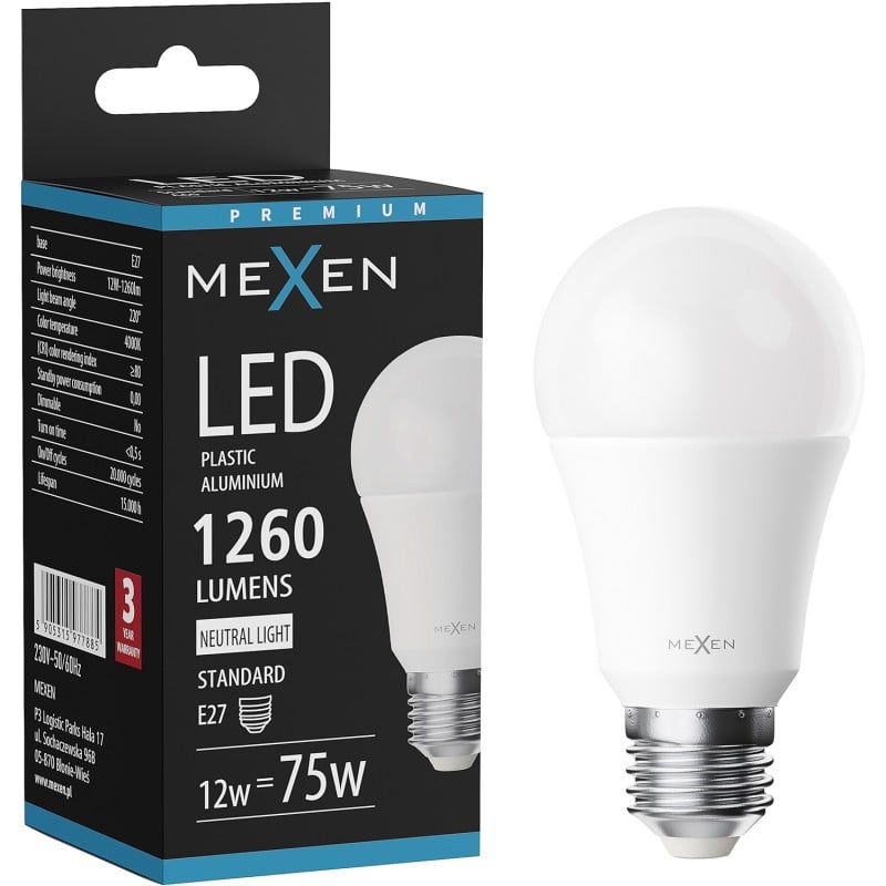 Mexen Nova LED lemputė E27, A60, 12W, Neutralus - 4000K, 1260 lm - L100-E27-1240-01