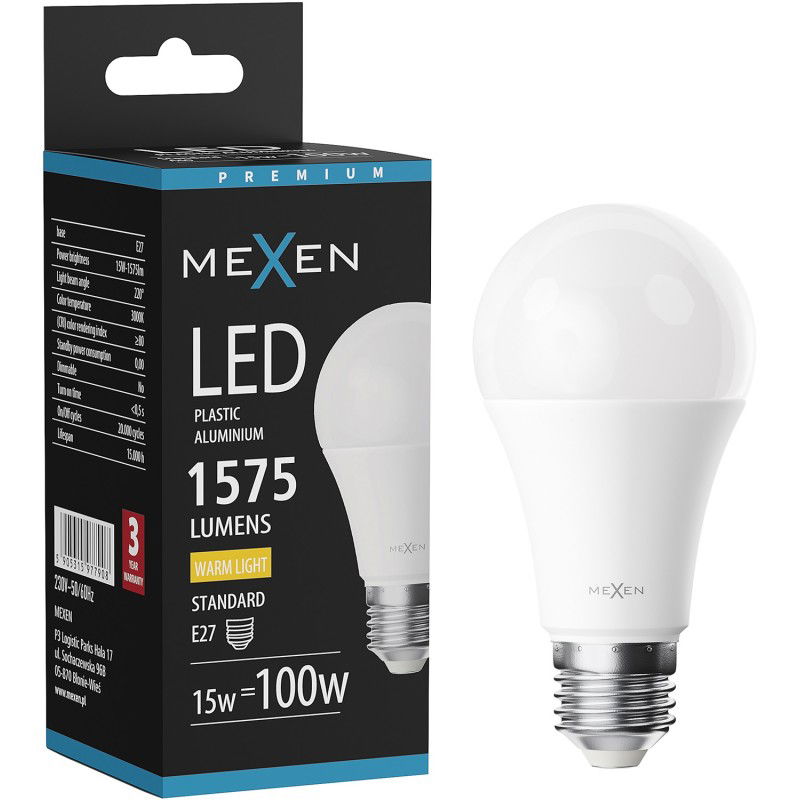 Mexen Nova LED lemputė E27, A60, 15W, Šilta - 3000K, 1575 lm - L100-E27-1530-01
