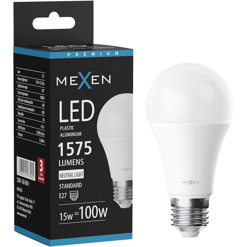 Mexen Nova LED lemputė E27, A60, 15W, Neutralus - 4000K, 1575 lm - L100-E27-1540-01