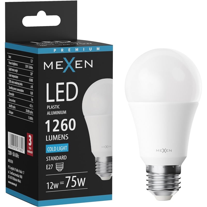 Mexen Nova LED lemputė E27, A60, 12W, Šalta - 6500K, 1260 lm - L100-E27-1265-01