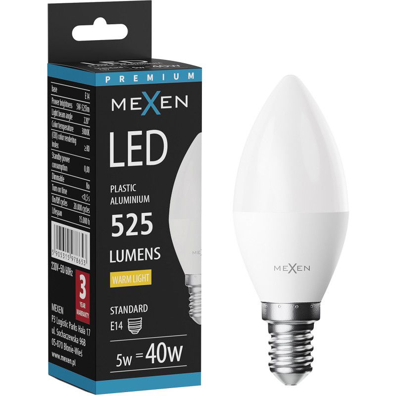 Mexen Nova LED lemputė E14, C37, 5W, Šilta - 3000K, 525 lm - L102-E14-0530-01