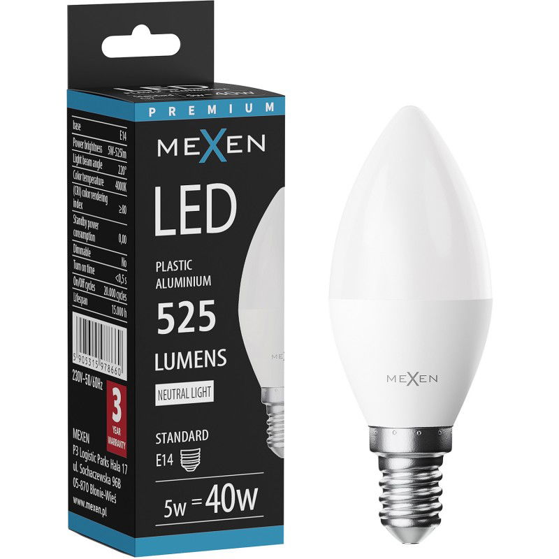 Mexen Nova LED lemputė E14, C37, 5W, Neutralus - 4000K, 525 lm - L102-E14-0540-01
