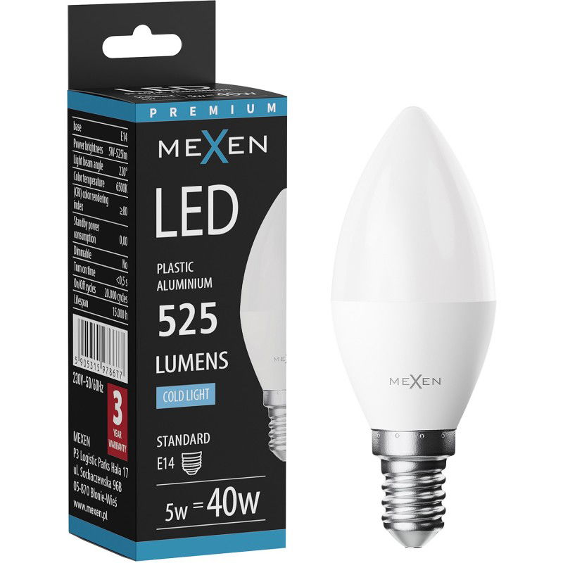 Mexen Nova LED lemputė E14, C37, 5W, Šalta - 6500K, 525 lm - L102-E14-0565-01