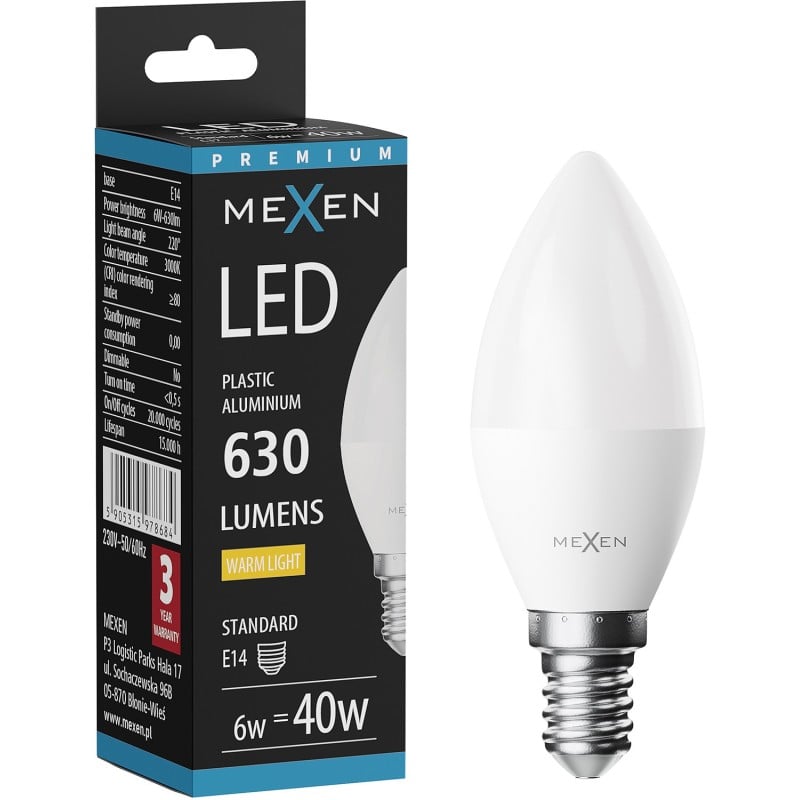 Mexen Nova LED lemputė E14, C37, 6W, Šilta - 3000K, 630 lm - L102-E14-0630-01