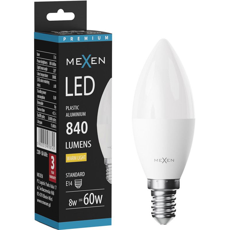 Mexen Nova LED lemputė E14, C37, 8W, Šilta - 3000K, 840 lm - L102-E14-0830-01