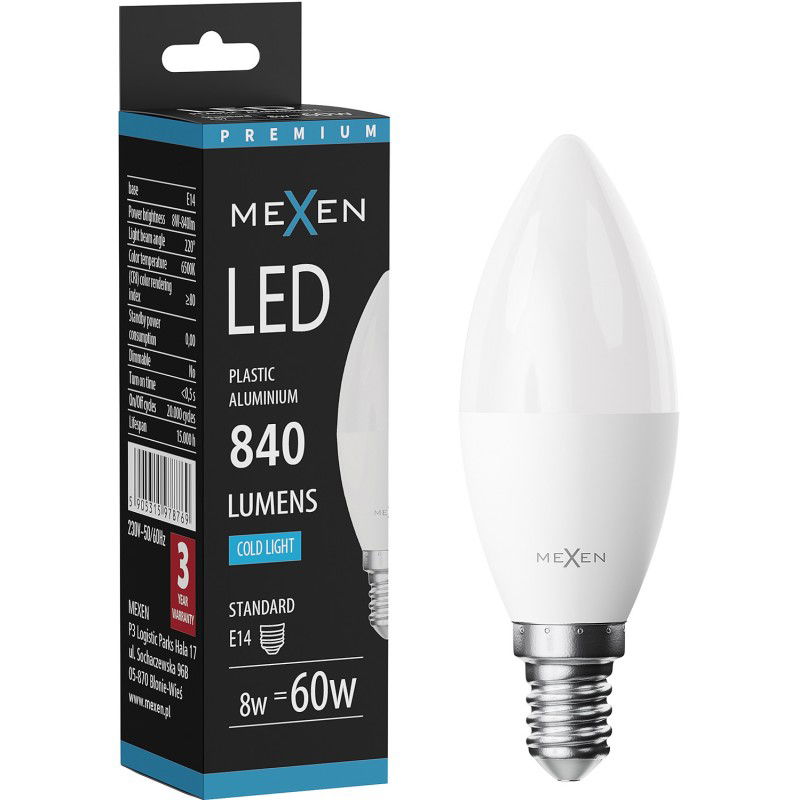 Mexen Nova LED lemputė E14, C37, 8W, Šalta - 6500K, 840 lm - L102-E14-0865-01