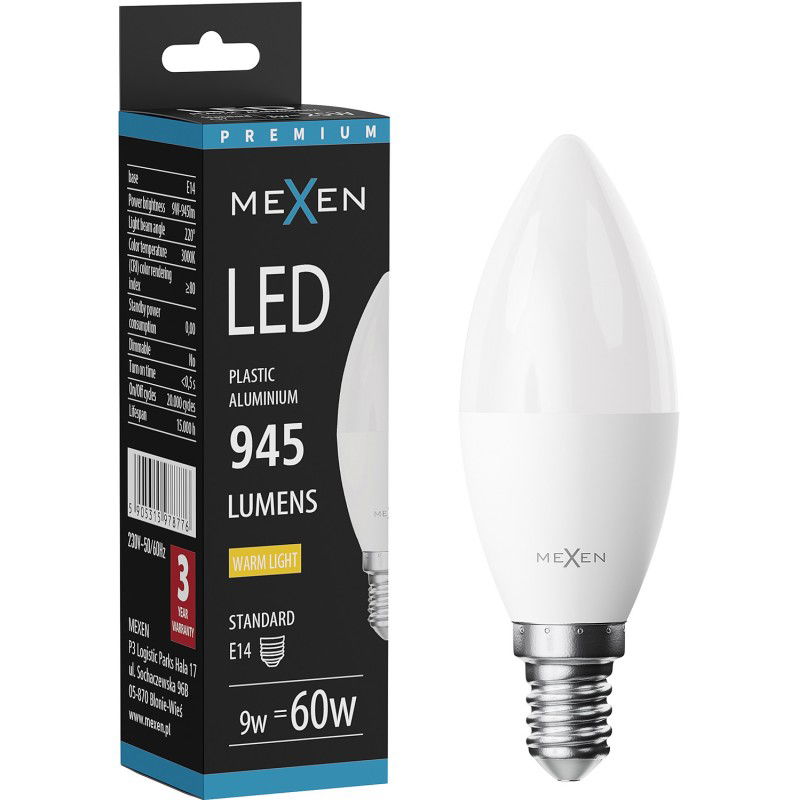 Mexen Nova LED lemputė E14, C37, 9W, Šilta - 3000K, 945 lm - L102-E14-0930-01