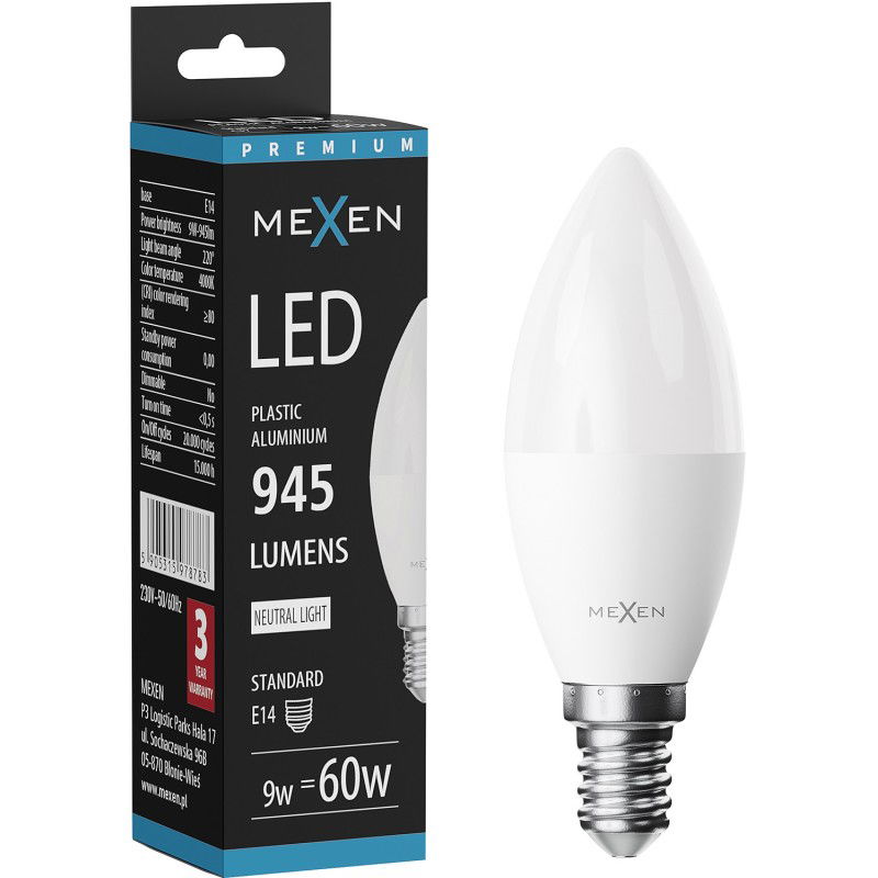 Mexen Nova LED lemputė E14, C37, 9W, Neutrali - 4000K, 945 lm - L102-E14-0940-01