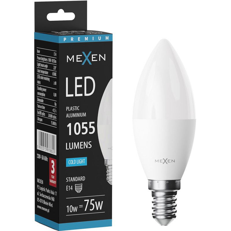 Mexen Nova LED lemputė E14, C37, 10W, Šalta - 6500K, 1055 lm - L102-E14-1065-01
