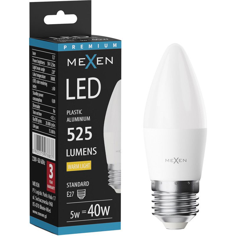Mexen Nova LED lemputė E27, C37, 5W, Šilta - 3000K, 525 lm - L102-E27-0530-01