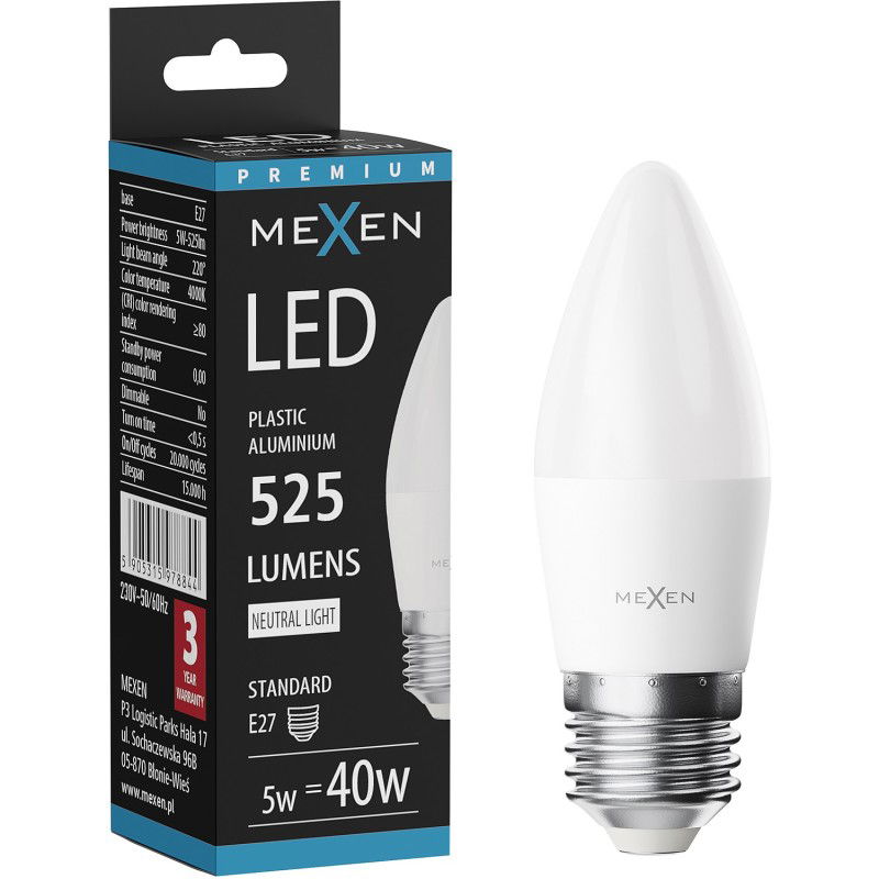 Mexen Nova LED lemputė E27, C37, 5W, Neutralus - 4000K, 525 lm - L102-E27-0540-01