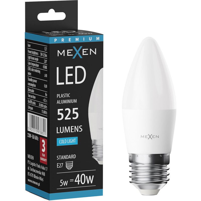 Mexen Nova LED lemputė E27, C37, 5W, Šalta - 6500K, 525 lm - L102-E27-0565-01