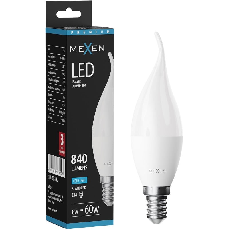 Mexen Nova LED lemputė liepsnelė E14, C37, 8W, Šalta - 6500K, 840 lm - L106-E14-0865-01