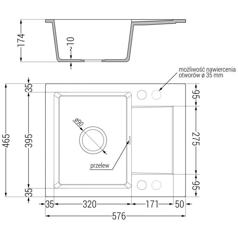 Mexen Enzo granitinė plautuvė su vienu dubeniu ir nuvarvėjimo vieta 576 x 465 mm, juodos/sidabro spalvos metalo atspalvis,