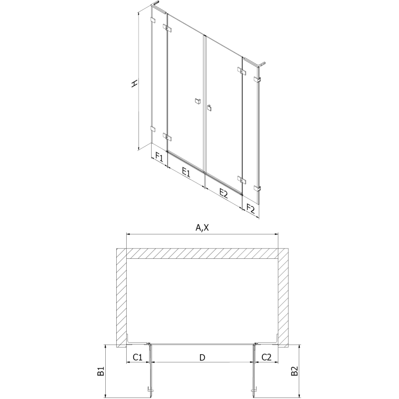Mexen Lunar L Dvigubos dušo durys, varstomos, 160 cm, skaidrios, šlifuotas varis - 834DL-160-000-65-00