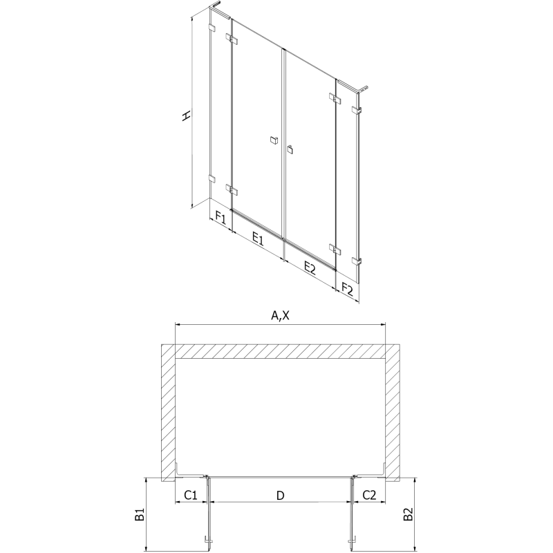 Mexen Lunar L Dvigubos dušo durys, atveriamos, 190 cm, skaidrios, ginklo metalo spalvos - 834DL-190-000-95-00