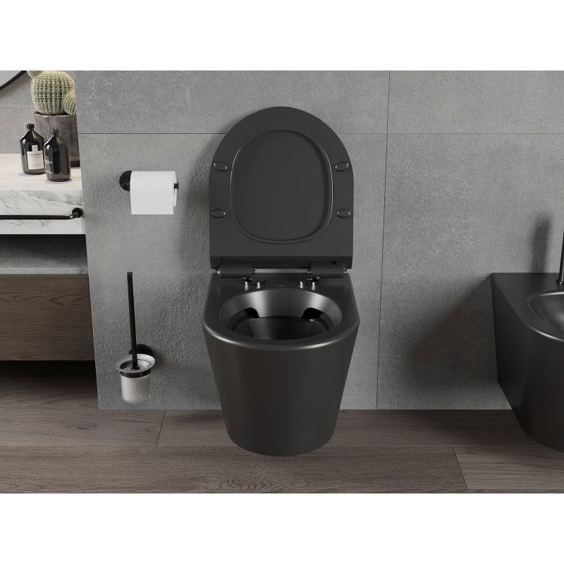 Mexen Rico pakabinamas klozetas be apvado su lėtai nusileidžiančia plona sėdyne, duroplastik, juoda matinė - 30720185