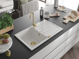 Mexen Bruno granito plautuvė su nubėgimu 1-dubens, 795 x 495 mm, balta, aukso spalvos sifonas - 6513791010-20-G