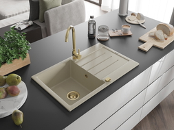 Mexen Bruno granitinė vienos kameros kriauklė su nusausintuvu 795 x 495 mm, smėlio spalvos, auksinis sifonas