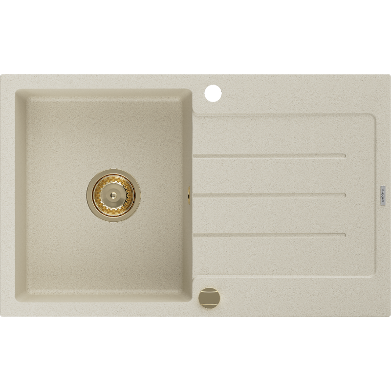 Mexen Bruno granitinė vienos kameros kriauklė su nusausintuvu 795 x 495 mm, smėlio spalvos, auksinis sifonas