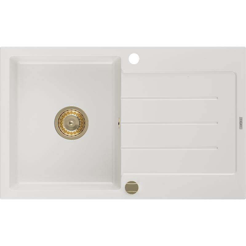 Mexen Bruno granito plautuvė su nubėgimu 1-dubens, 795 x 495 mm, balta, aukso spalvos sifonas - 6513791010-20-G