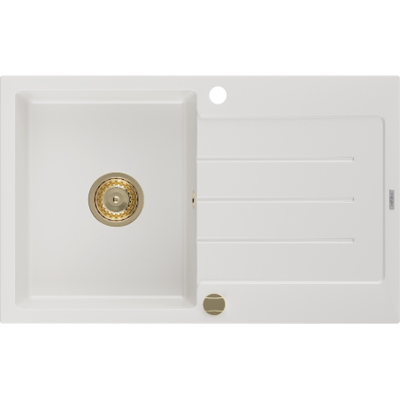 Mexen Bruno granito plautuvė su nubėgimu 1-dubens, 795 x 495 mm, balta, aukso spalvos sifonas - 6513791010-20-G