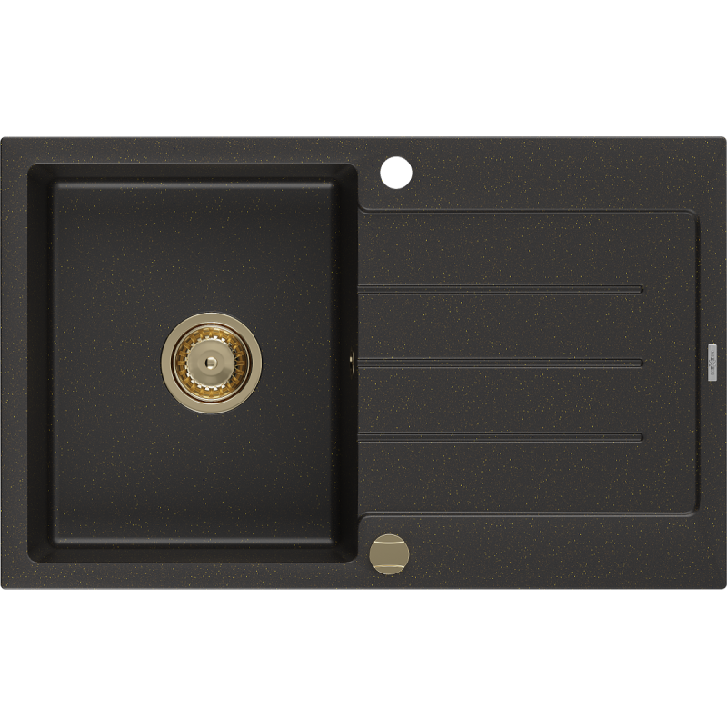 Mexen Bruno granitinė vienos kameros plautuvė su nusausinimo plokštuma 795 x 495 mm, juoda/auksinis metalikas, auksinis