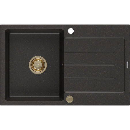 Mexen Bruno granitinė vienos kameros plautuvė su nusausinimo plokštuma 795 x 495 mm, juoda/auksinis metalikas, auksinis