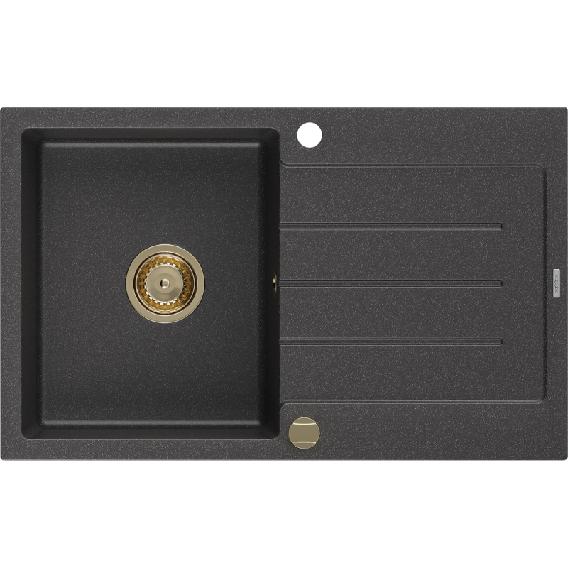 Mexen Bruno granitinė vienos kameros kriauklė su nusausinimo zona 795 x 495 mm, juoda su dėmėmis, auksinis sifonas