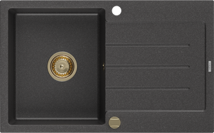 Mexen Bruno granitinė vienos kameros kriauklė su nusausinimo zona 795 x 495 mm, juoda su dėmėmis, auksinis sifonas