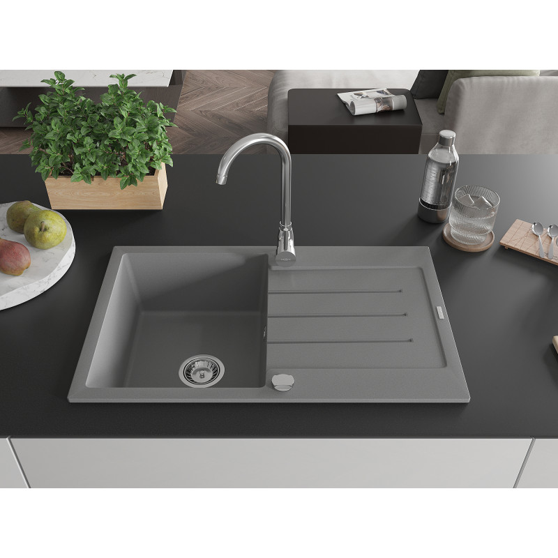 Mexen Bruno vieno dubens granito plautuvė su nutekamu 795 x 495 mm, pilka, chromuotas sifonas - 6513791010-71