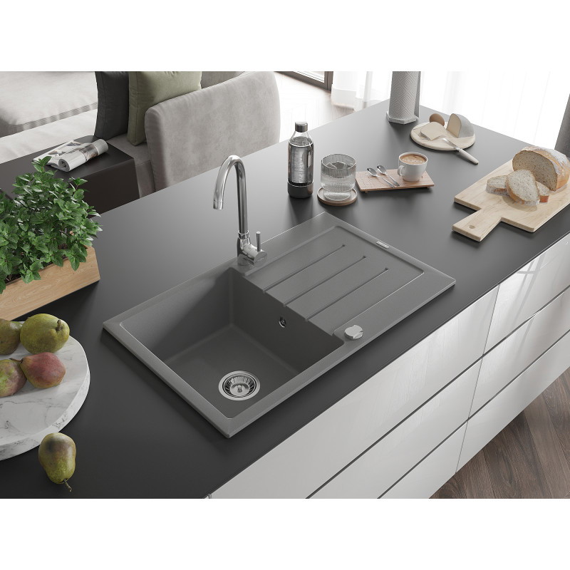 Mexen Bruno vieno dubens granito plautuvė su nutekamu 795 x 495 mm, pilka, chromuotas sifonas - 6513791010-71