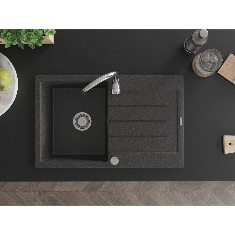 Mexen Bruno granito kriauklė su viena kamera ir nutekėjimu 795 x 495 mm, juoda dėmėta, chrominis sifonas - 6513791010-76