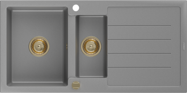 Mexen Andres granitinė plautuvė 1,5 skylių su drenažu 1000 x 500 mm, pilka, aukso spalvos sifonas - 6515101510-71-G