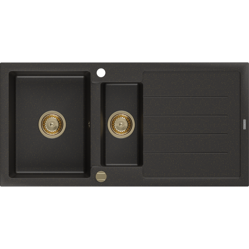 Mexen Andres 1,5 sekcijų granito kriauklė su nutekėjimu 1000 x 500 mm juoda/aukso metalo atspalvis, auksinis sifonas