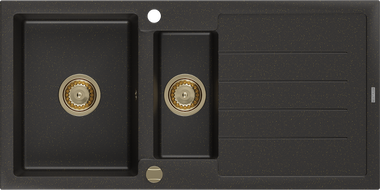 Mexen Andres 1,5 sekcijų granito kriauklė su nutekėjimu 1000 x 500 mm juoda/aukso metalo atspalvis, auksinis sifonas