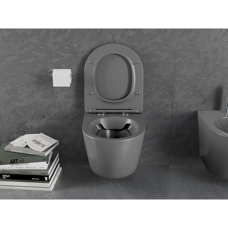 Mexen Lena pakabinamas unitazas Rimless su lėtai nusileidžiančiu dangčiu slim, duroplastikas, tamsiai pilkas matinis - 30224071