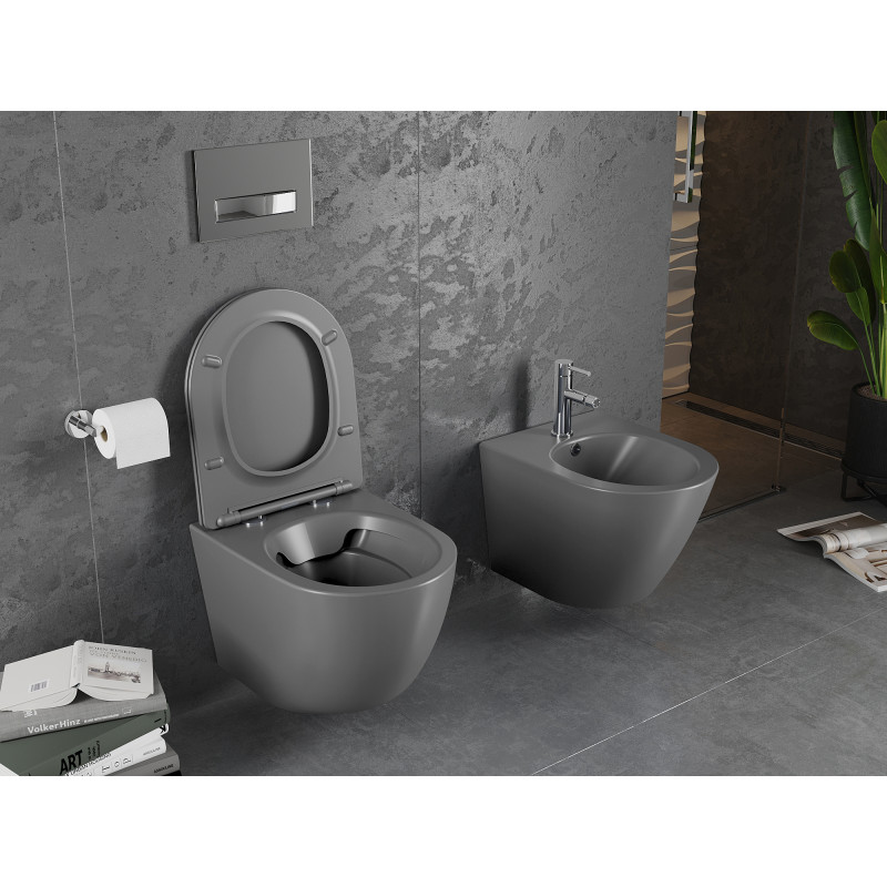 Mexen Lena WC puodas be ratlankio su lėtai nusileidžiančiu slim dangčiu, duroplast, tamsiai pilka matinė - 30224071