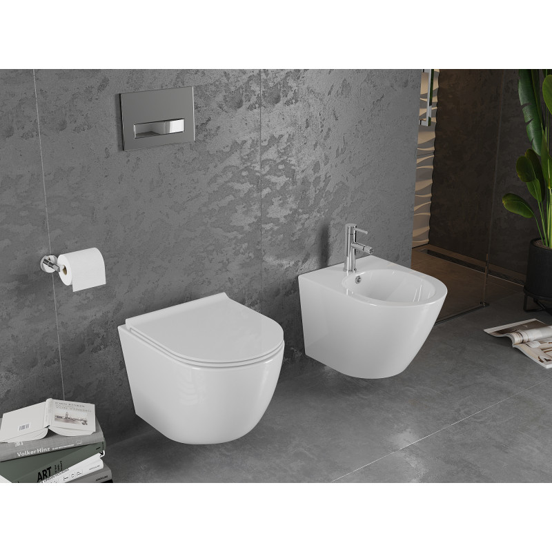 Mexen Lena pakabinamas unitazas Rimless su lėtai nusileidžiančiu plonu dangčiu, duroplastikas, blizgus baltas - 30220500
