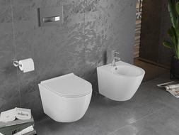 Mexen Lena pakabinamas bekraštis WC dubuo su lėtai nusileidžiančia plona dangteliu, duroplast, blizgus baltas - 30220500