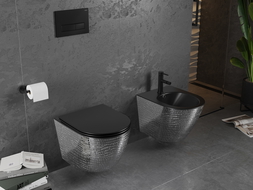 Mexen Lena WC dubuo Rimless su lėtai nusileidžiančiu slim dangčiu, duroplast, juoda matinė/sidabrinis žvynų raštas - 30224072